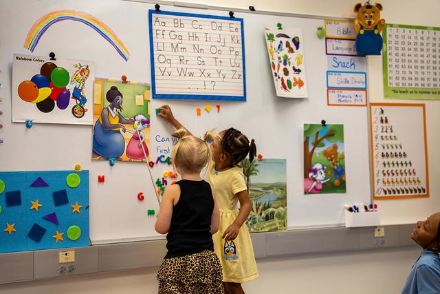 Two girls exploring the alphabet and colours wall in a classroom