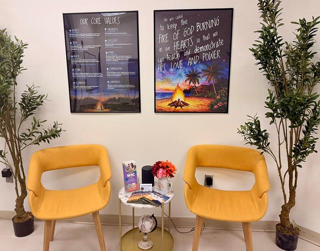 The lobby, with two yellow chairs below the “Our Core Values” posters